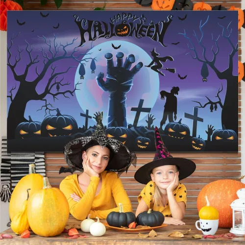 Miniatura 4 de Telón de fondo de Halloween de 7 x 5 pies, pancarta de fondo de noche de terror para fiesta de Halloween, calabaza, luna, rama de árbol seco