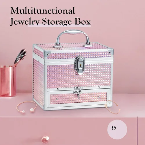 Miniatura 6 de Hododou Joyero organizador para niñas con cajón y espejo estuche de almacenamiento con cerradura estilo rosa brillante para niños o niñas pequeñas