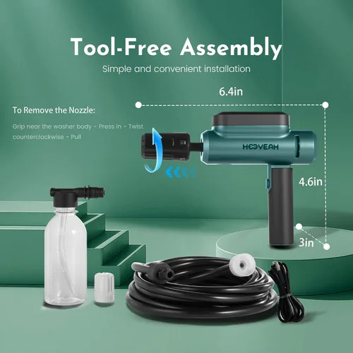 Miniatura 2 de Hooyeah Lavadora a presión inalámbrica portátil, rociador de agua de mano alimentado por batería de litio, máximo 217 PSI, boquilla 5 en 1 y olla
