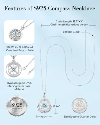 Miniatura 4 de S925 Necklace Gift for Wife Compass Jewelry Women Anniversary Sterling Silver Girlfriend Birthday Gifts for Her Valentines I'd be Lost without You