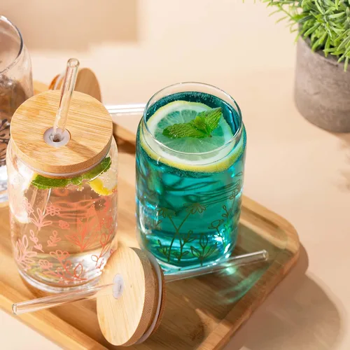 Miniatura 3 de SUNNOW Vasos de 16 onzas con diseño de flores silvestres con tapas y pajitas de bambú, tazas de café helado para cenas en casa, bar y fiesta, juego