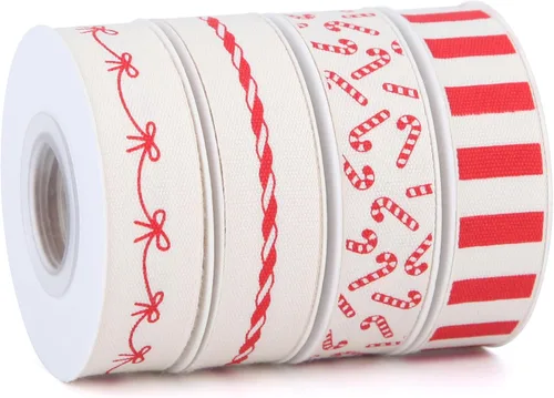 Miniatura 10 de Meseey 4 rollos de cinta de algodón de menta de caramelo de Navidad de 20 yardas y 5/8 pulgadas a rayas rojas y blancas para envolver regalos