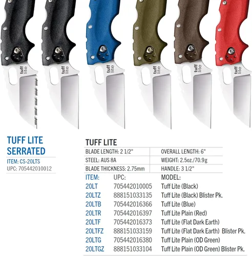 Miniatura 6 de Cold Steel Tuff Lite 2.5" Cuchillo de bolsillo plegable con hoja de 3.5" de AUS8A de pata de cabra ultra afilada y asa Griv-Ex
