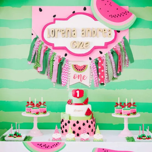 Miniatura 4 de WAWUO Cartel de cumpleaños de sandía, rosa, patrón de sandía, montaje en silla alta, perfecto para accesorios de cabina de fotos y fiestas