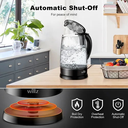 Miniatura 3 de Willz Hervidor eléctrico de vidrio con mango resistente al calor y vertido inalámbrico, tecnología de ebullición rápida y apagado automático, luz