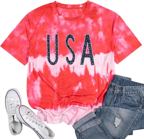 Miniatura 5 de Camisa de gran tamaño para mujer, diseño patriótico americano, cuello redondo, holgado, para el 4 de julio