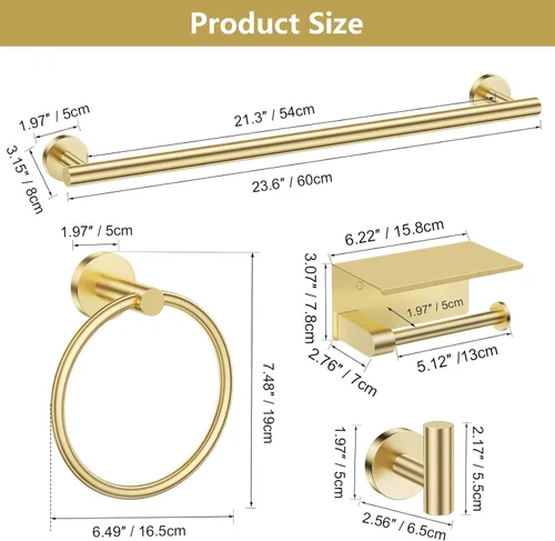 Miniatura 7 de TQKAG Juego de 5 Piezas de Soportes para Toallas de Baño Juego de Herrajes de Baño Dorado Cepillado de Acero Inoxidable Soporte de Papel Higiénico