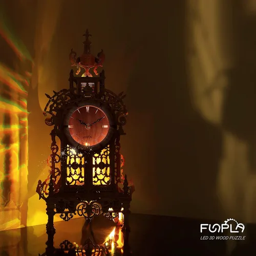 Miniatura 7 de FUNPOLA Rompecabezas de madera 3D Reloj de torre LED, rompecabezas 3D edificio de escritorio, modelo de bloques de construcción arquitectónicos