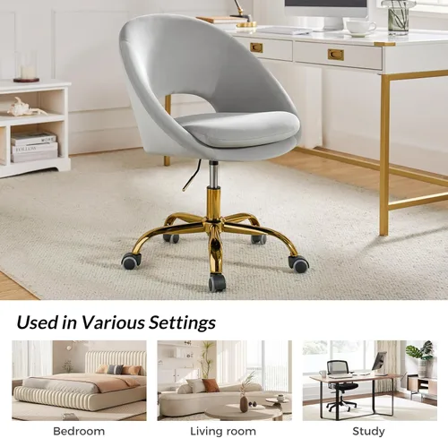 Miniatura 7 de TINA'S HOME Silla de oficina moderna de terciopelo con giro ajustable, cómoda silla de escritorio tapizada con respaldo abierto, pequeña y bonita