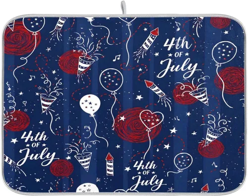 Tapete de secado de platos de doble cara para encimera de cocina del 4 de julio, 16 x 18 pulgadas, absorbente para el Día de la Independencia,