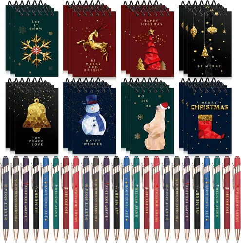 Qeeenar 48 piezas de recuerdos de fiesta de Navidad, 24 mini bloc de notas en espiral de Navidad y 24 bolígrafos retráctiles de Papá Noel para