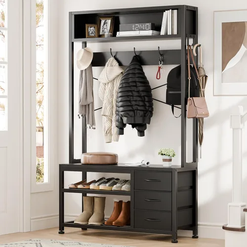 Miniatura 9 de Lulive Perchero de pie con banco y almacenamiento de zapatos, perchero independiente de 31.5" con estante de almacenamiento de 2 niveles, banco
