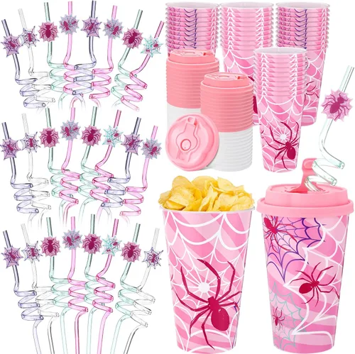 Miniatura 16 de Yungyan 16 juegos de tazas de golosinas con tapas y pajitas para decoraciones de cumpleaños, reutilizables, 16 onzas, vasos de plástico para dulces