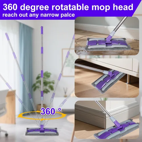 Miniatura 3 de Trapeadores de microfibra para limpieza de suelos, trapeador plano en seco y húmedo con mango telescópico de acero inoxidable, 4 almohadillas Morado