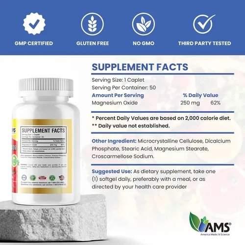 Miniatura 5 de America Medic & Science Magnesio 250 mg (250 comprimidos) Paquete de 5 botellas Suplemento de óxido de magnesio para hombres y mujeres Apoya