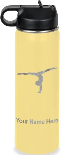 Miniatura 22 de LaserGram Botella de agua personalizada, gimnasta niña, acero inoxidable de doble pared aislada al vacío con popote superior, regalo grabado Azul