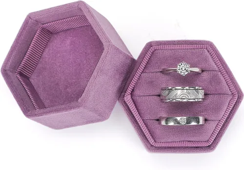 Miniatura 22 de WantGor Caja de joyería de terciopelo para anillos, caja de regalo con 3 ranuras, caja de regalo para anillos hexagonales vintage, para ceremonia