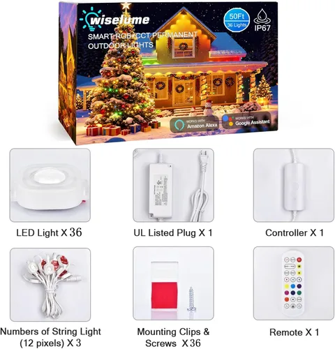 Miniatura 9 de Luz exterior permanente de 50 pies con 36 luces LED, luces de tejado inteligentes RGB que cambian de color, luces exteriores impermeables
