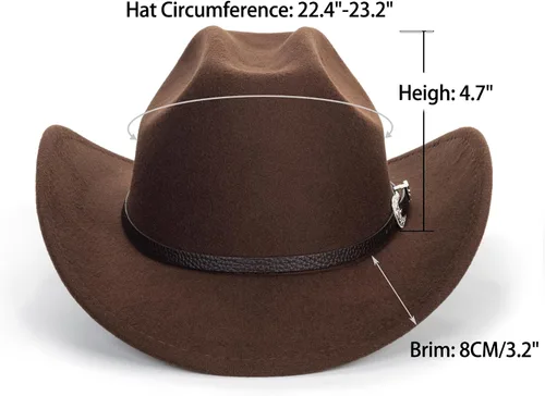 Miniatura 27 de Sombrero de vaquero clásico de fieltro occidental para mujeres y hombres de ala ancha con hebilla de cinturón (tamaño: mediano-grande)