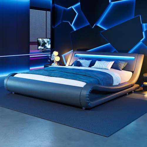 Miniatura 8 de WEEWAY Moderno marco de cama matrimonial con cabecera de luces LED RGBW, diseño de trineo tapizado de perfil bajo, soporte de listones de madera