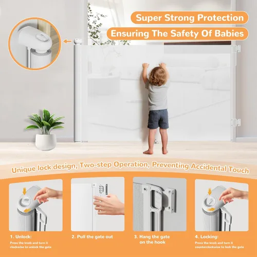Miniatura 3 de Puerta retráctil para bebés para escaleras y puertas, 34 pulgadas de alto que se extiende hasta 71 pulgadas de ancho, puerta de malla para bebés