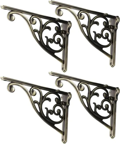 Miniatura 65 de Soportes de estante de 4 pulgadas, paquete de 4 soportes de pared de latón antiguo de alta resistencia, estantes decorativos de cocina victoriana