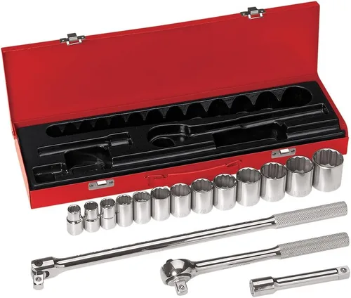 Miniatura 4 de Klein Tools 65504 Juego de llaves de vaso de 3/8 pulgadas, con enchufes de 12 puntos y 6 puntos, y bujías, 2 extensiones, trinquete, estuche, 12