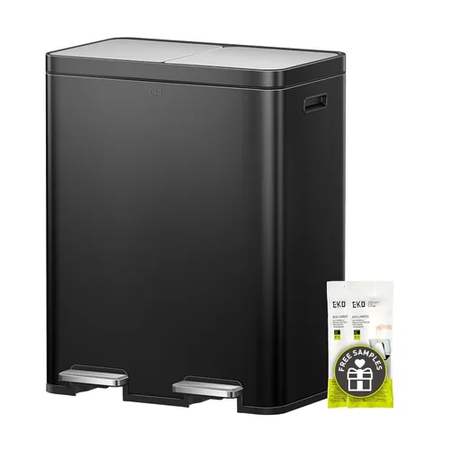 EKO Edison - Cubo de basura doble de 8 + 8 galones para reciclaje y basura, de acero inoxidable con cubo interior extraíble doble, tapas y pedales