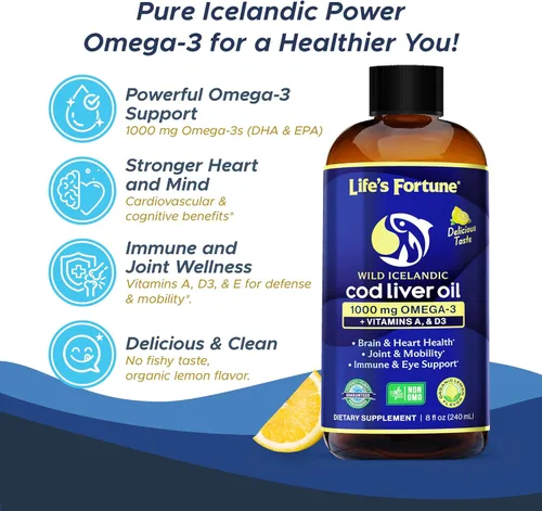 Miniatura 4 de Life's Fortune Aceite de hígado de bacalao líquido orgánico sabor a limón (8 onzas) 1000 mg de Omega + vitamina A, E y D3 – Apoya la salud