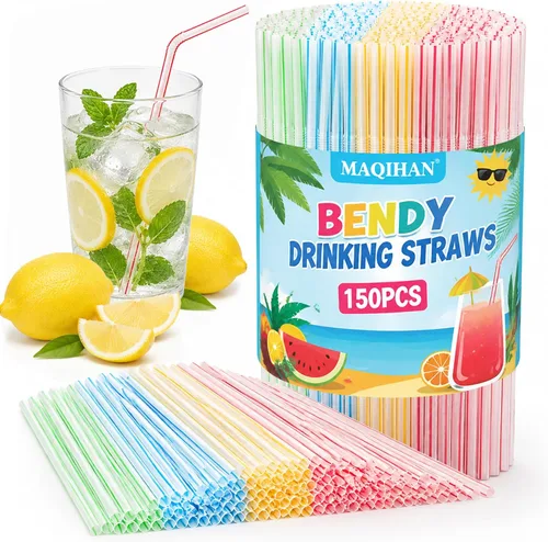Miniatura 7 de 150 popotes desechables de plástico para beber, popotes flexibles, desechables, largos, coloridos, de plástico, a rayas, varios colores para uso