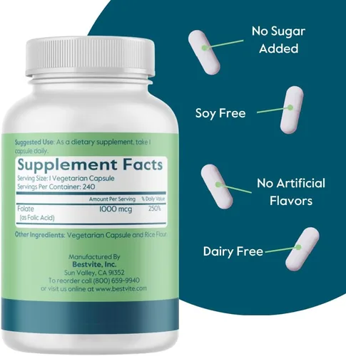 Miniatura 3 de BESTVITE Ácido fólico 1000mcg (vitamina B9) (240 cápsulas vegetarianas) - Sin fosfato dicálcico - Sin estearatos - Sin dióxido de silicio - Sin OMG
