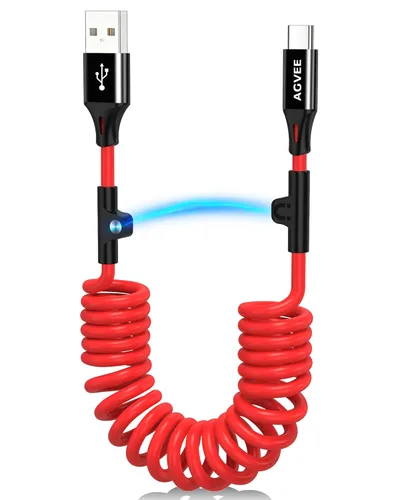 AGVEE Cable de carga corto USB a USB-C en espiral de 1.5 pies [certificado USB-IF] Cable de carga rápida de 3 A en el automóvil para iPhone 17/16/15