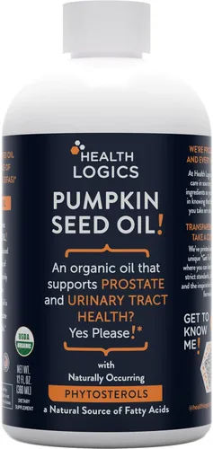 Health Logics Aceite de semilla de calabaza de 12 onzas orgánico prensado en frío | Vegetariano, sin OMG, sin gluten | Seguro para cocinar | Apoya