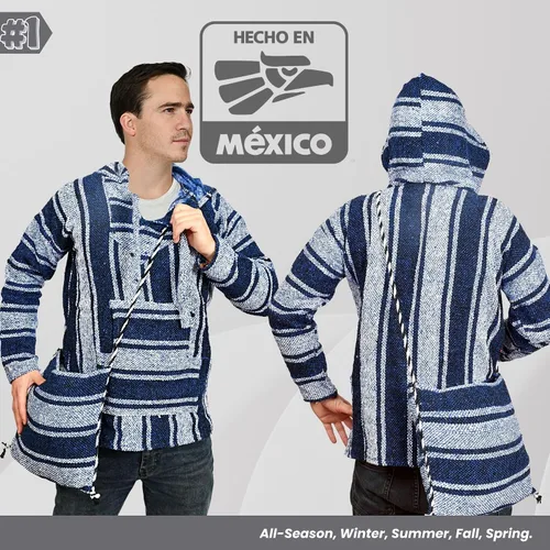Miniatura 7 de Baja - Alfombra mexicana con capucha y bolsa de hombro incluida, Serape hippie cálido