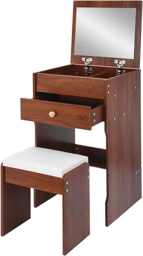 Escritorio de tocador 3 en 1 con espejo, tocador compacto de 15.8 pulgadas con tapa abatible, mesa de maquillaje de nogal negro con taburete para