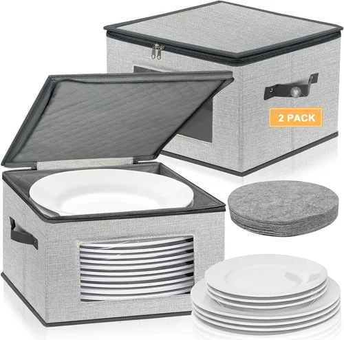 Miniatura 11 de homyfort Contenedores de almacenamiento de China con tapa y asas, caja de almacenamiento de vajilla para platos con 12 separadores de fieltro