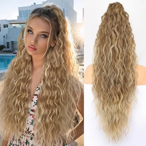 Miniatura 18 de ORSUNCER Extensión de cola de caballo de 18" con pinza rizada, cola de caballo esponjosa, extensiones de pelo sintético de aspecto natural para mujer