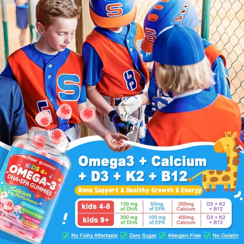 Miniatura 5 de Nextdia Gomitas rellenas de Omega 3 (EPA/DHA) para niños y adolescentes con multivitamínico, calcio + D3 + K2 + zinc, más vitamina A B1 B2 B12 C