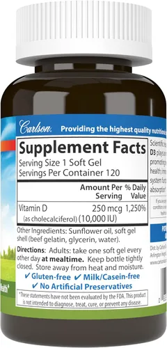 Miniatura 2 de Carlson - Vitamina D3, 10000 UI (250 mcg), suplementos de vitamina D, apoyo óseo e inmunológico, cápsulas blandas de vitamina D3, salud cardíaca
