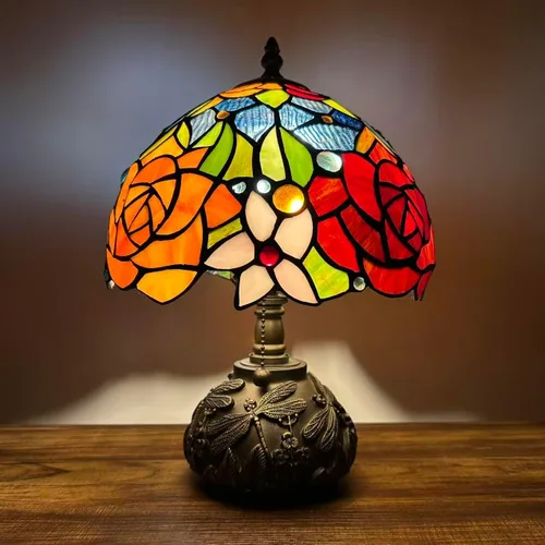 Miniatura 2 de Tiffany - Lámpara de mesa con diseño de flores, color rojo, naranja y azul, incluye base de libélula para sala de estar, dormitorio, mesita