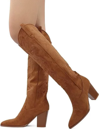 Miniatura 6 de WIRALOMI Botas vaqueras de tacón grueso bordado hasta la rodilla para mujer, botas vaqueras con punta puntiaguda