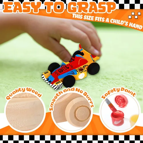 Miniatura 3 de Lenwen 24 piezas de autos de carreras de madera para bricolaje, autos de carreras de madera sin terminar con pintura acrílica de 12 colores, juego