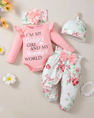Miniatura 31 de Renotemy Conjunto de ropa para bebé recién nacida, mameluco con volantes, pantalones florales, lindo conjunto de ropa para bebé niña