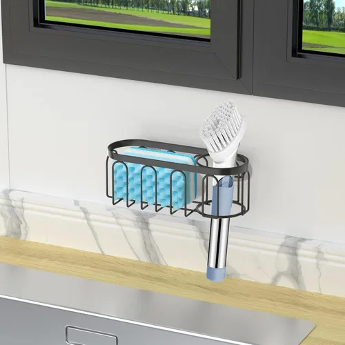 Miniatura 6 de Soporte de esponja 2 en 1 para fregadero de cocina, organizador de fregadero de cocina con 3 ventosas, soporte de esponja para fregadero a prueba