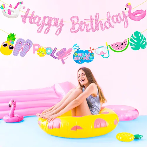 Miniatura 6 de Pancartas de fiesta de cumpleaños para piscina, 2 unidades, pancartas recortadas para fiesta de piscina, decoraciones de fiesta de piscina