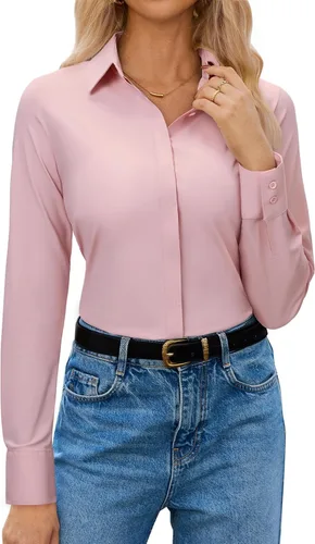 Miniatura 14 de siliteelon Womens Button Down Shirt Stretch Dress Shirt Collared Long Sleeve Hidden-Button Work Shirt Wrinkle-Free Blouse