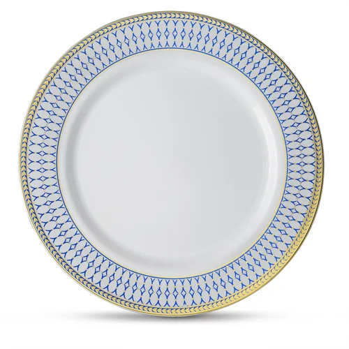Laura Stein - Platos desechables de plástico pesado de alta calidad con borde azul y dorado para fiestas y bodas, platos desechables de la serie