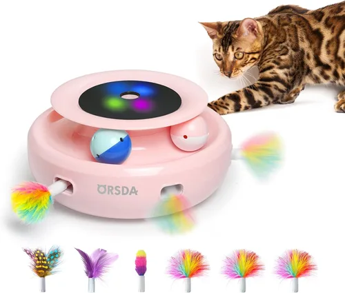Miniatura 11 de ORSDA Juguetes interactivos 2 en 1 para gatos de interior, bolas de juguete automáticas para gatos, juguetes de plumas emboscadas con 6 plumas