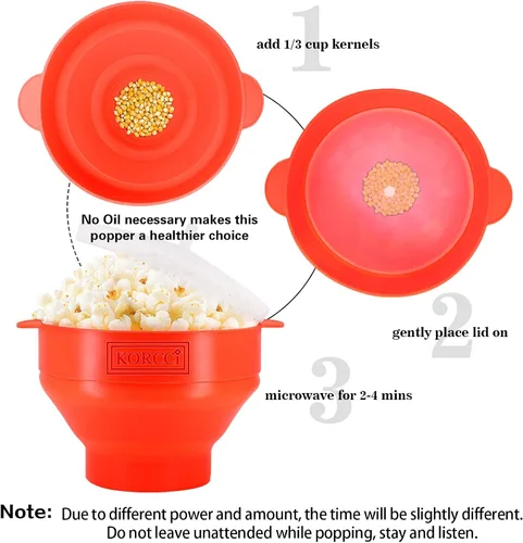 Miniatura 4 de The Original Korcci - Palomitas de maíz de silicona para microondas, para microondas, cuenco plegable para hacer palomitas de maíz, no requiere Rojo