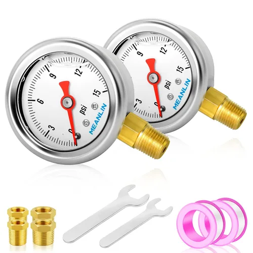 MEANLIN MEASURE 2 unidades de acero inoxidable 015Psi relleno de líquido, medidor de presión relleno de glicerina de 1.5 pulgadas, aire de aceite de